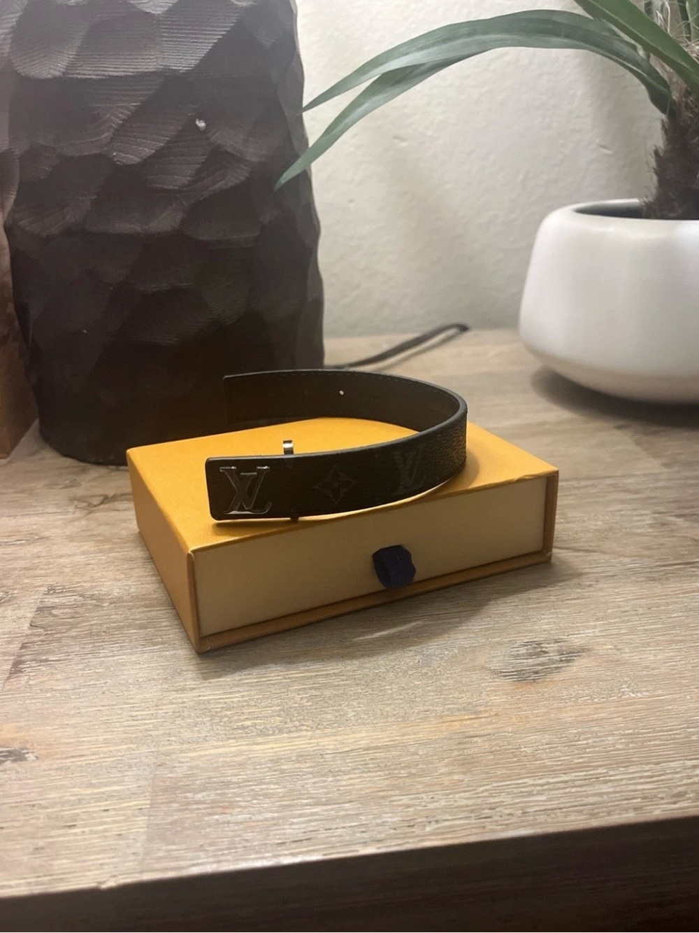 Louis Vuitton Black Monogram Leather Cuff with Silver LV Plate